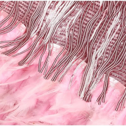 Women's sequin fringe feather-trim mini cocktail dress