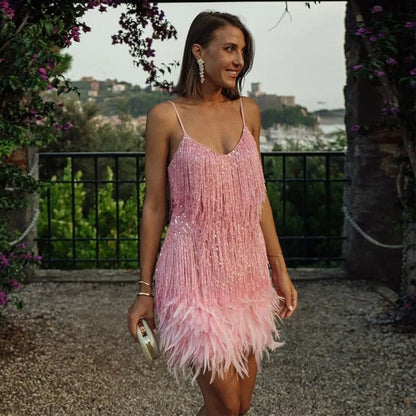 Women's sequin fringe feather-trim mini cocktail dress