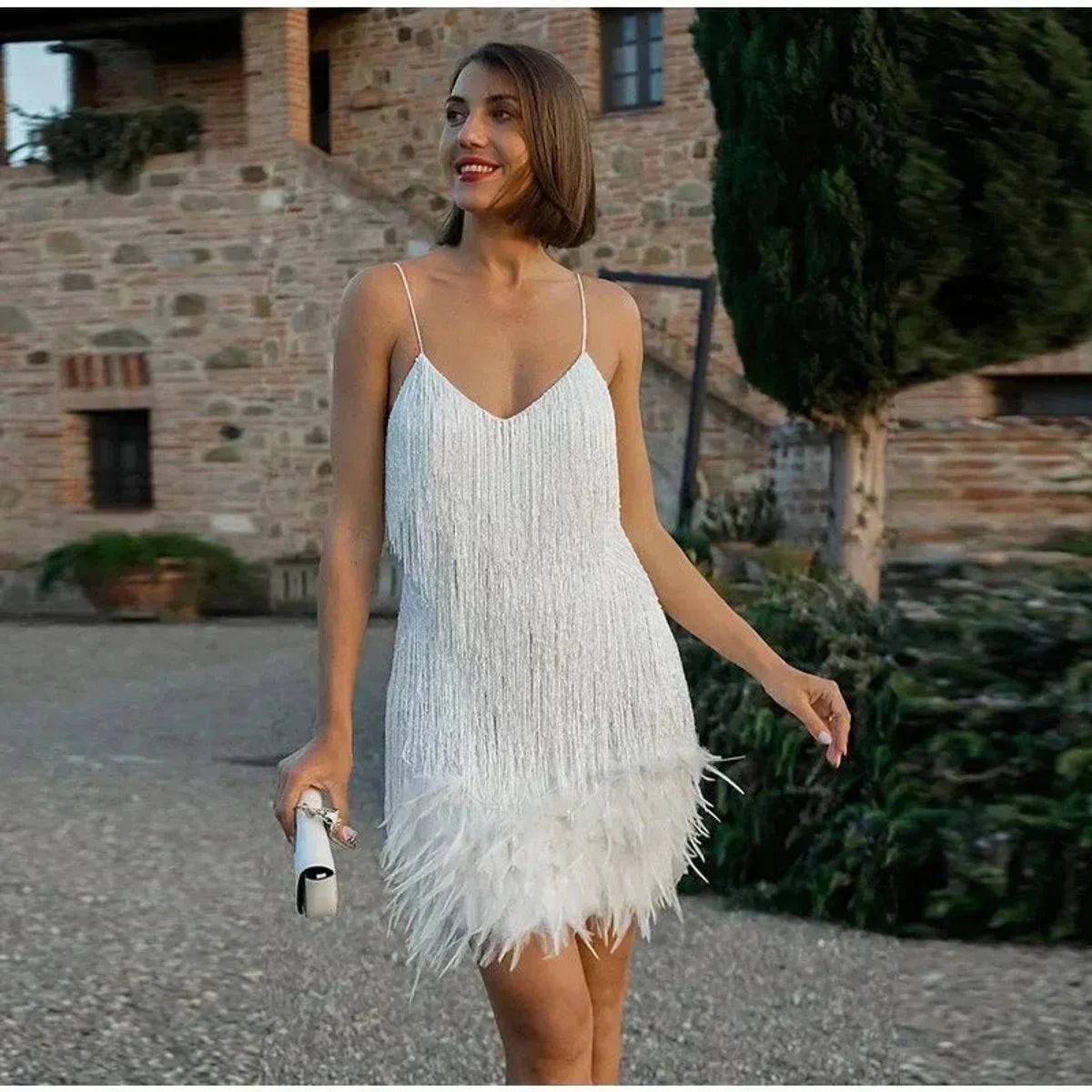 Women's sequin fringe feather-trim mini cocktail dress