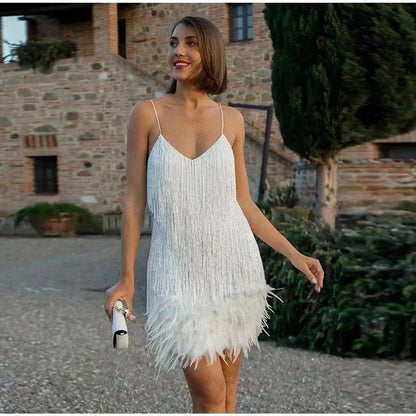 Women's sequin fringe feather-trim mini cocktail dress