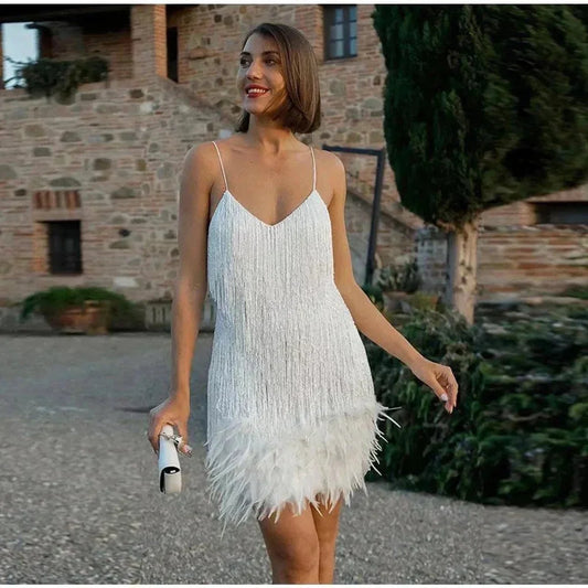 Women's sequin fringe feather-trim mini cocktail dress
