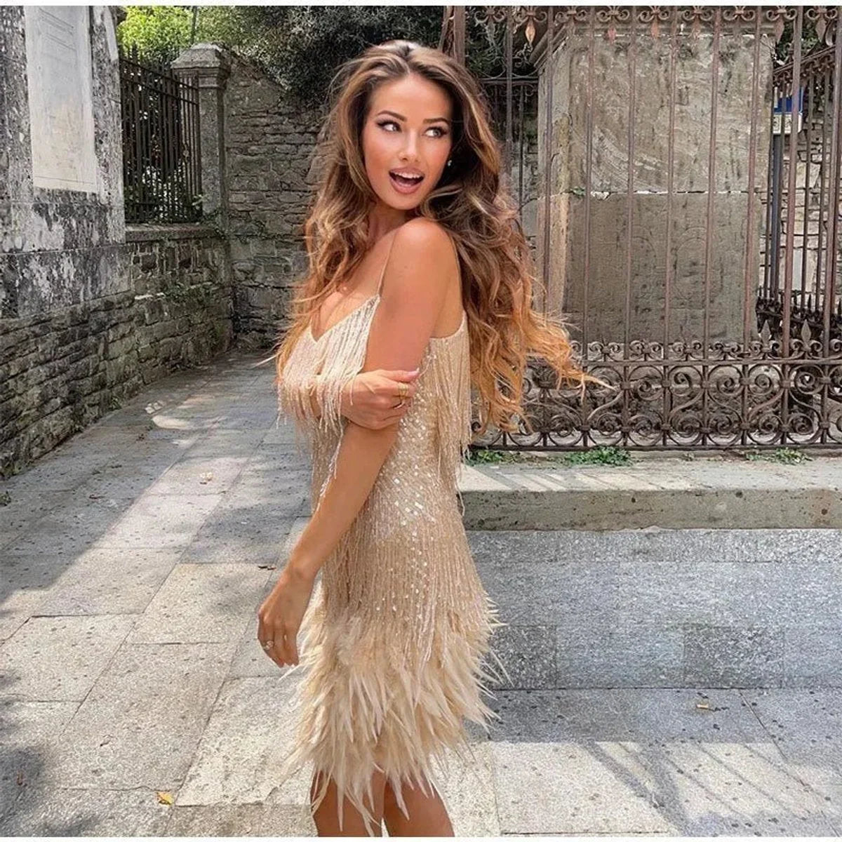 Women's sequin fringe feather-trim mini cocktail dress