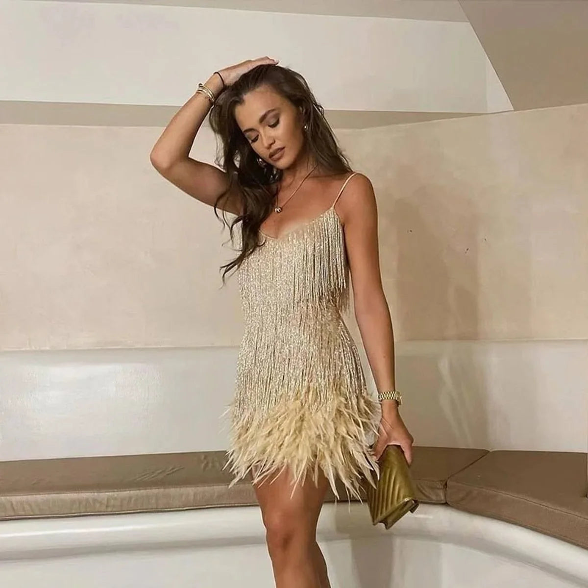 Women's sequin fringe feather-trim mini cocktail dress – Gold