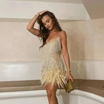 Women's sequin fringe feather-trim mini cocktail dress – Gold