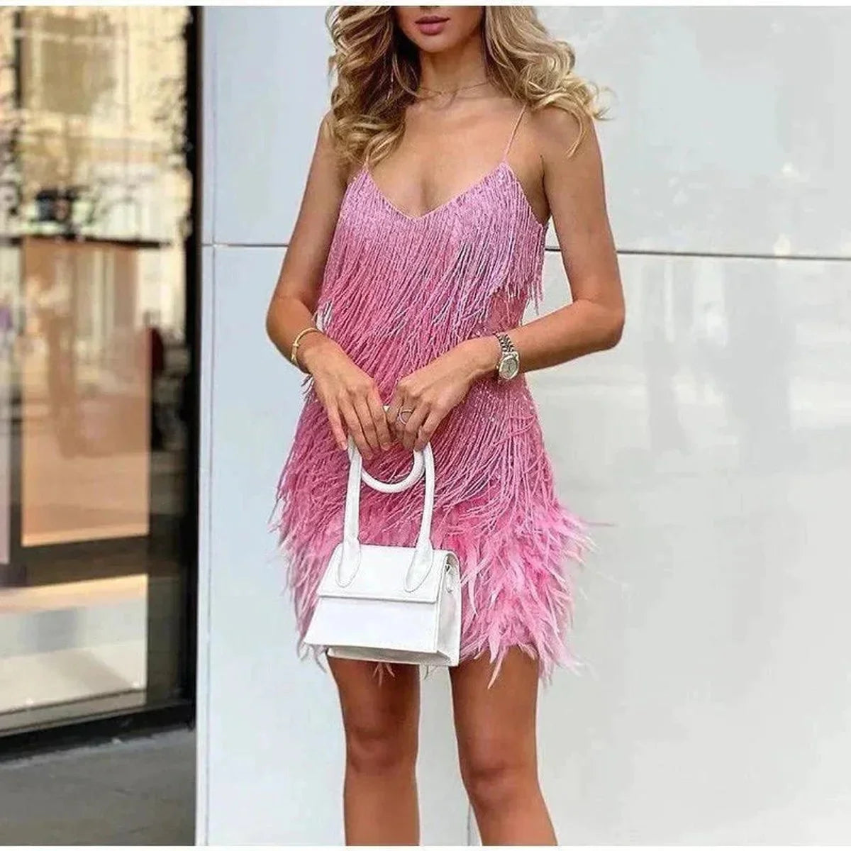 Women's sequin fringe feather-trim mini cocktail dress – Pink