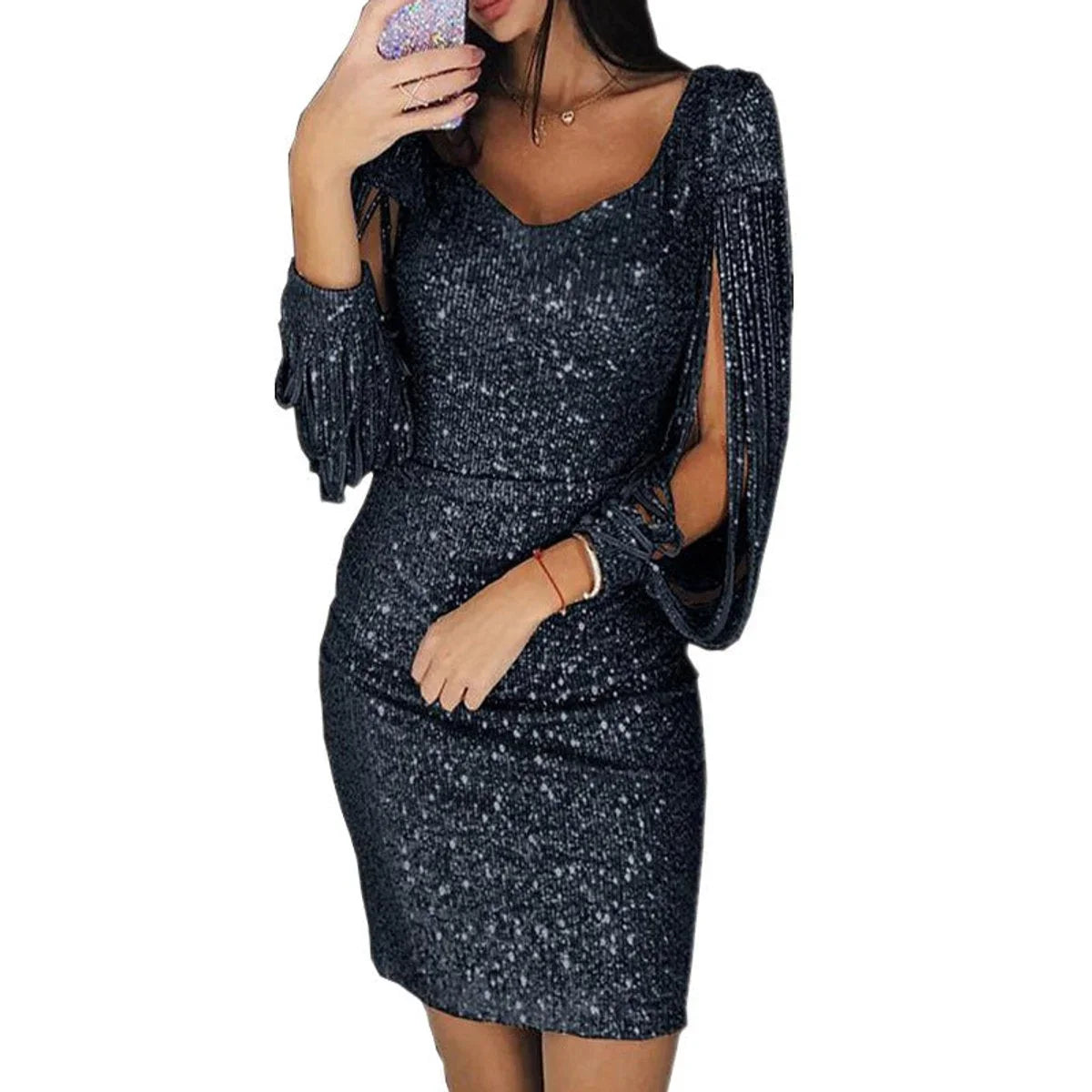 Women's sequin tassel-sleeve V-neck bodycon cocktail dress
