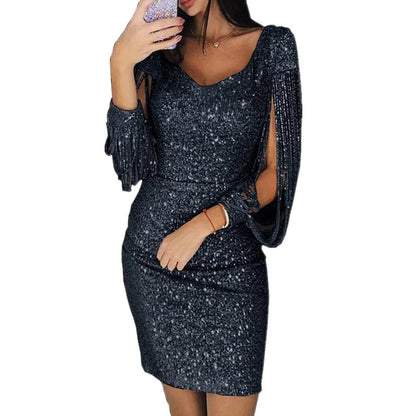 Women's sequin tassel-sleeve V-neck bodycon cocktail dress