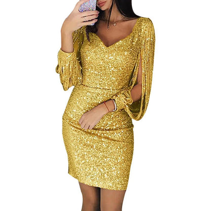 Women's sequin tassel-sleeve V-neck bodycon cocktail dress