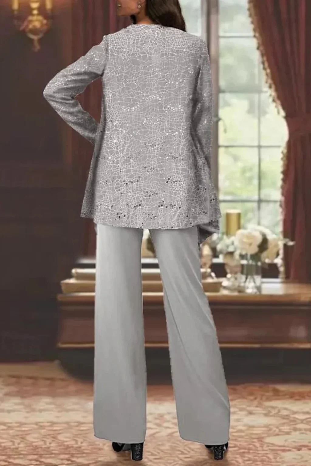 Women's sequin three-piece set with jacket and womens wide leg pants