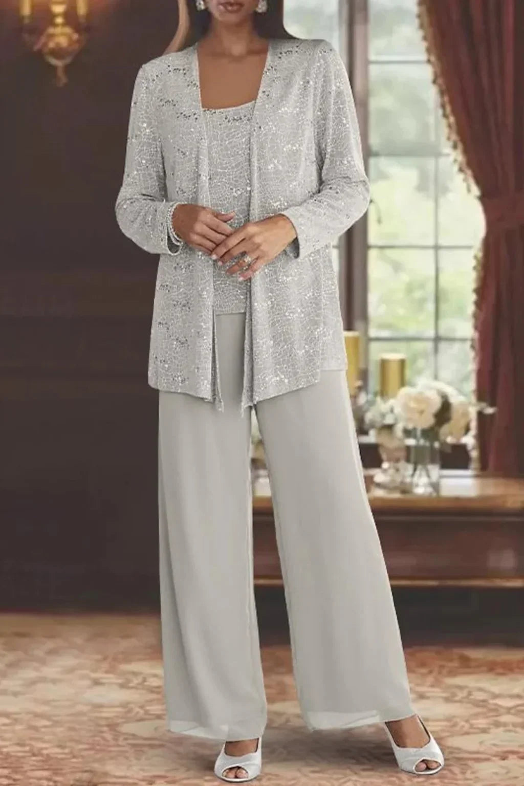 Women's sequin three-piece set with jacket and womens wide leg pants