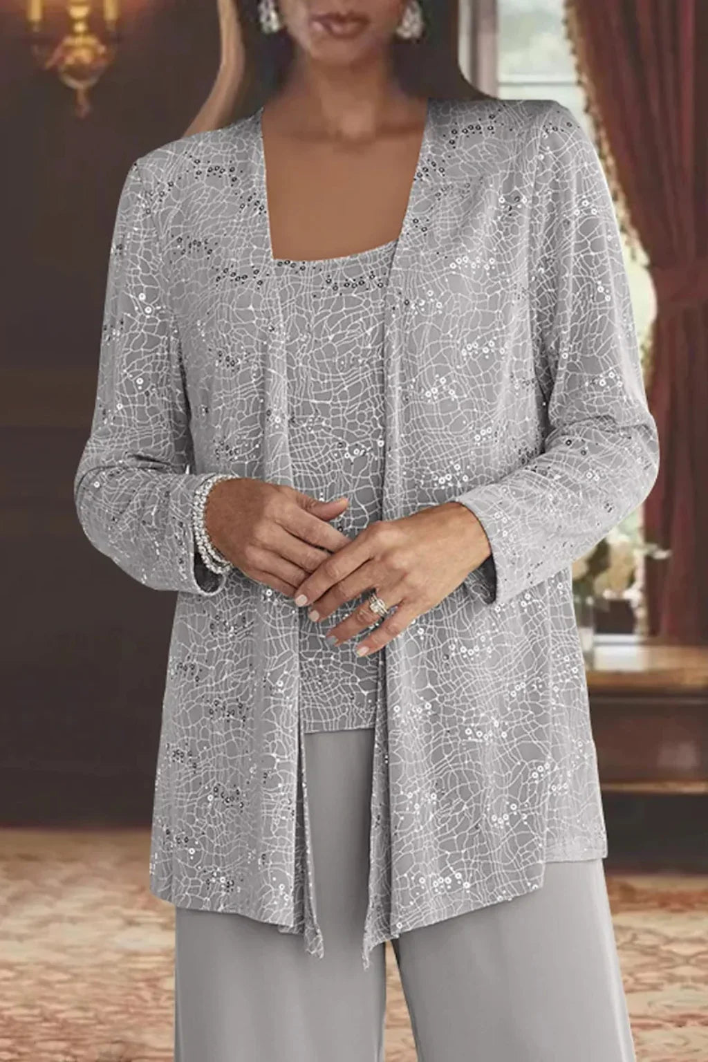 Women's sequin three-piece set with jacket and womens wide leg pants