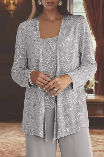 Women's sequin three-piece set with jacket and womens wide leg pants