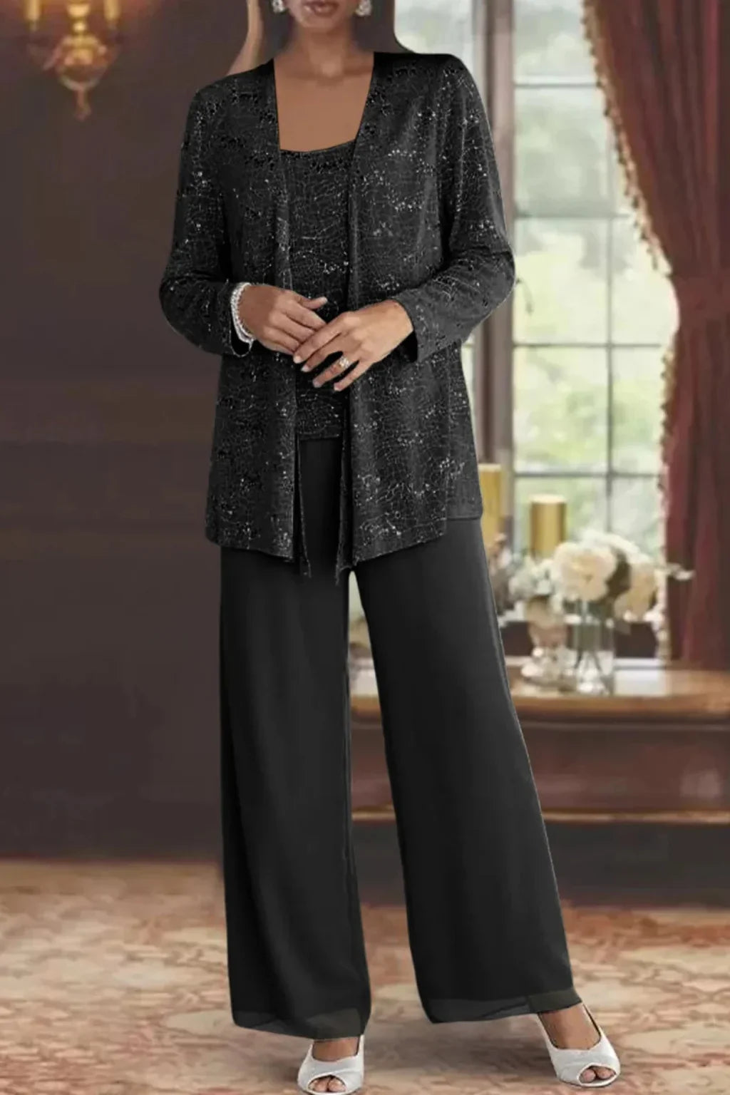 Women's sequin three-piece set with jacket and womens wide leg pants