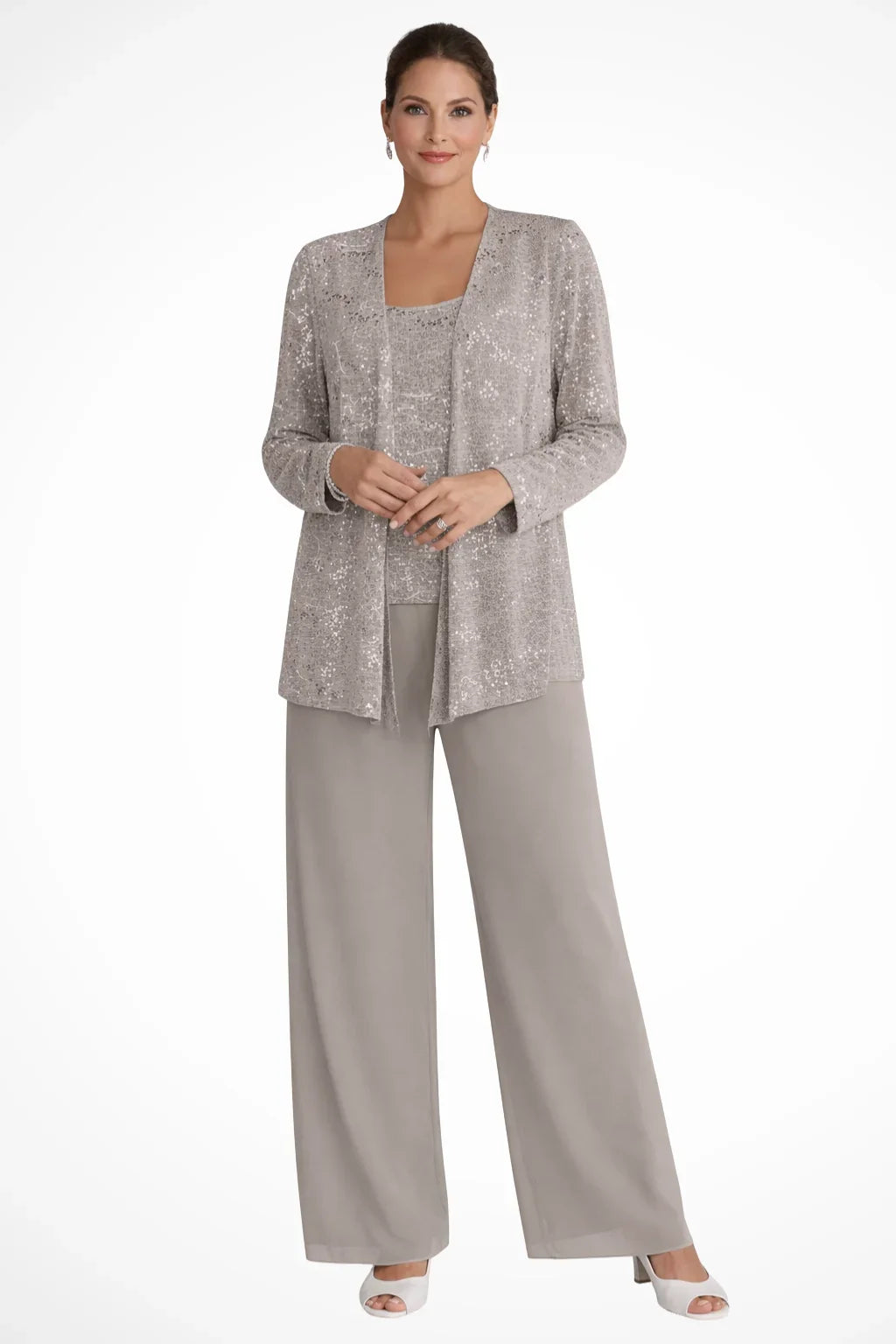Women's sequin three-piece set with jacket and womens wide leg pants – Beige