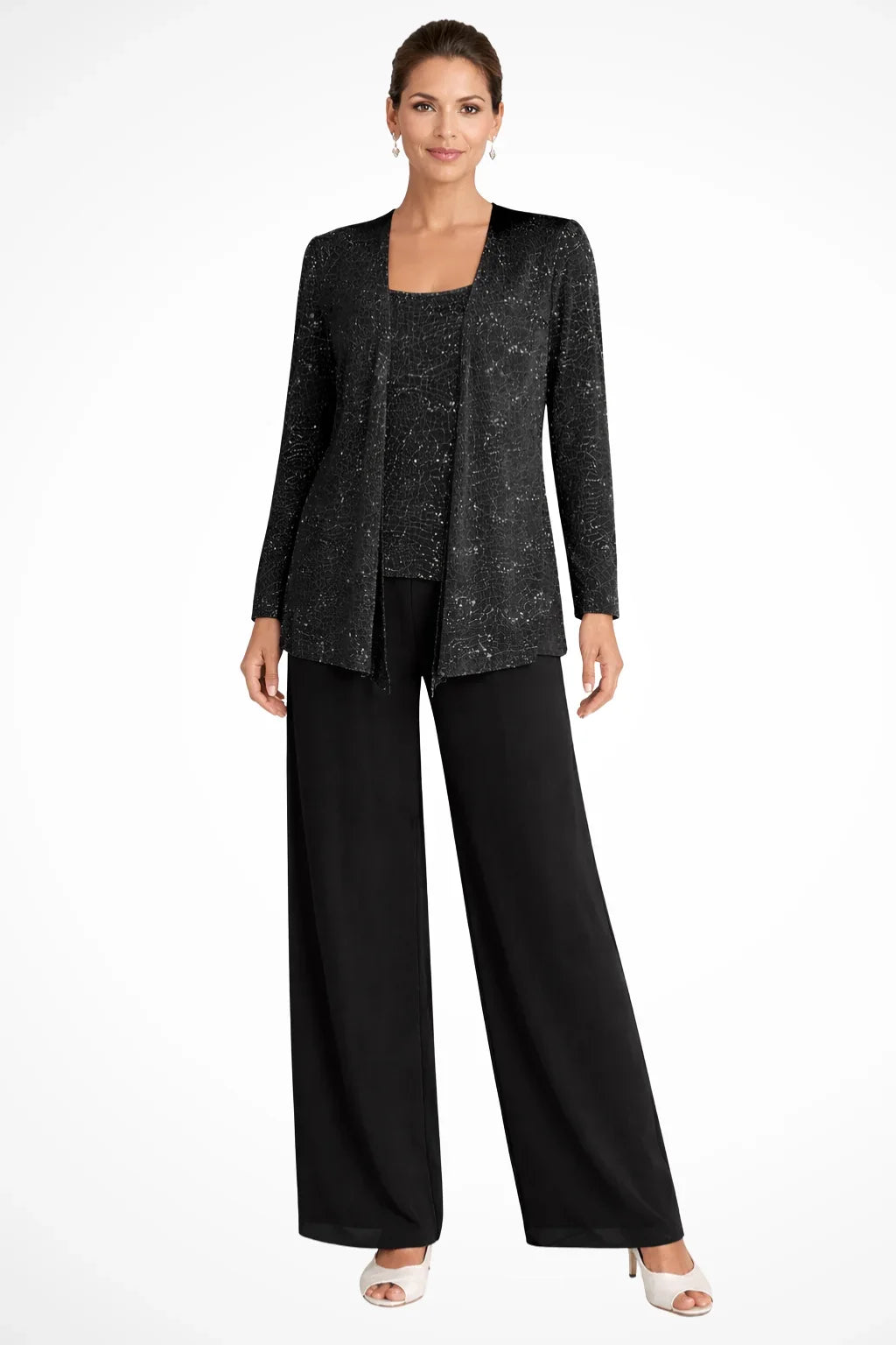 Women's sequin three-piece set with jacket and womens wide leg pants – Black