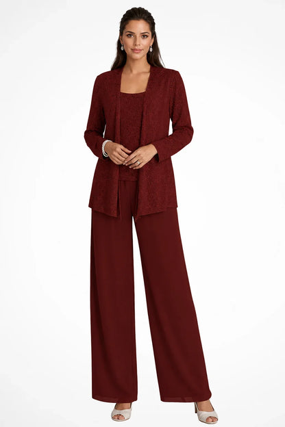 Women's sequin three-piece set with jacket and womens wide leg pants – Burgundy