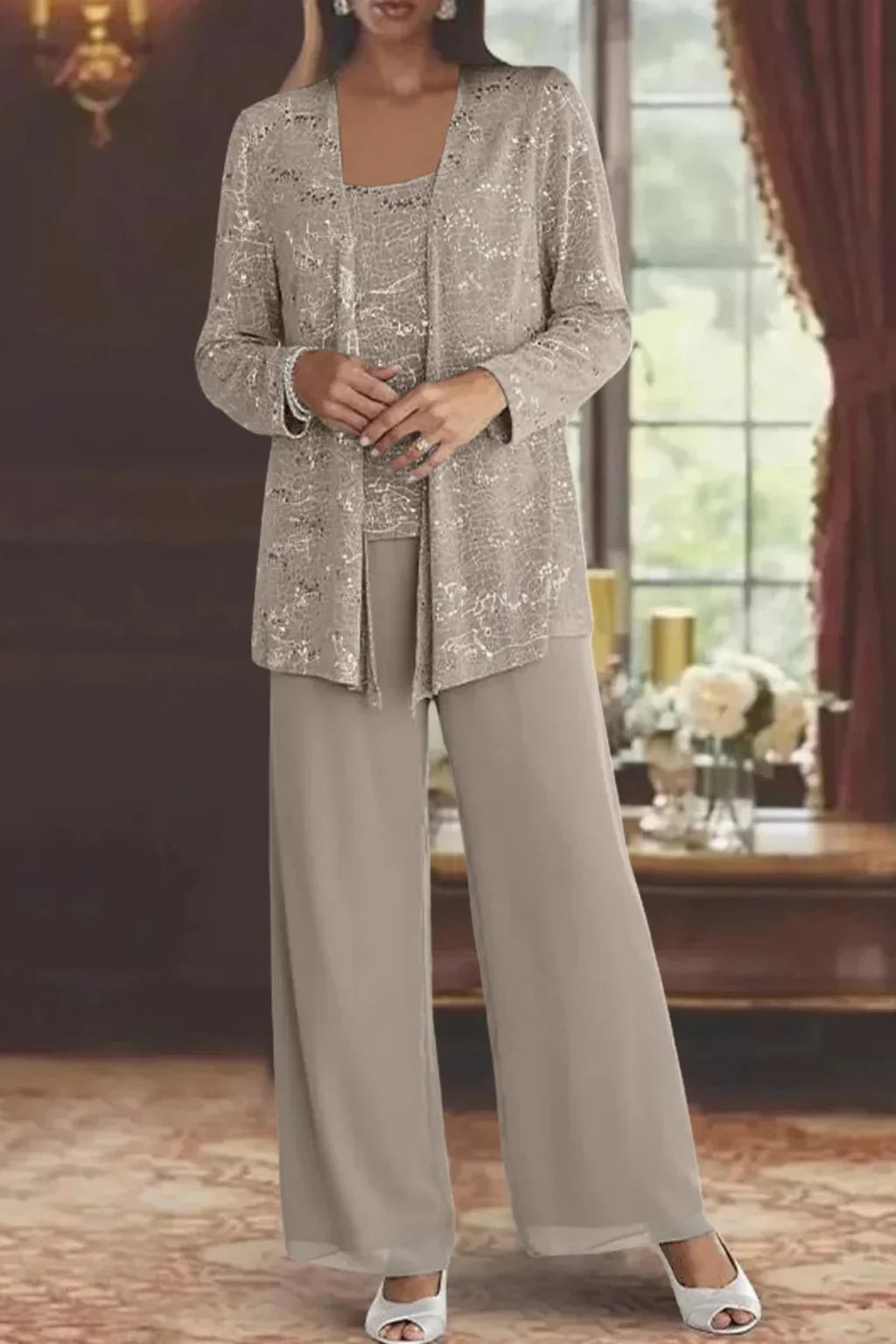 Women's sequin three-piece set with jacket and womens wide leg pants