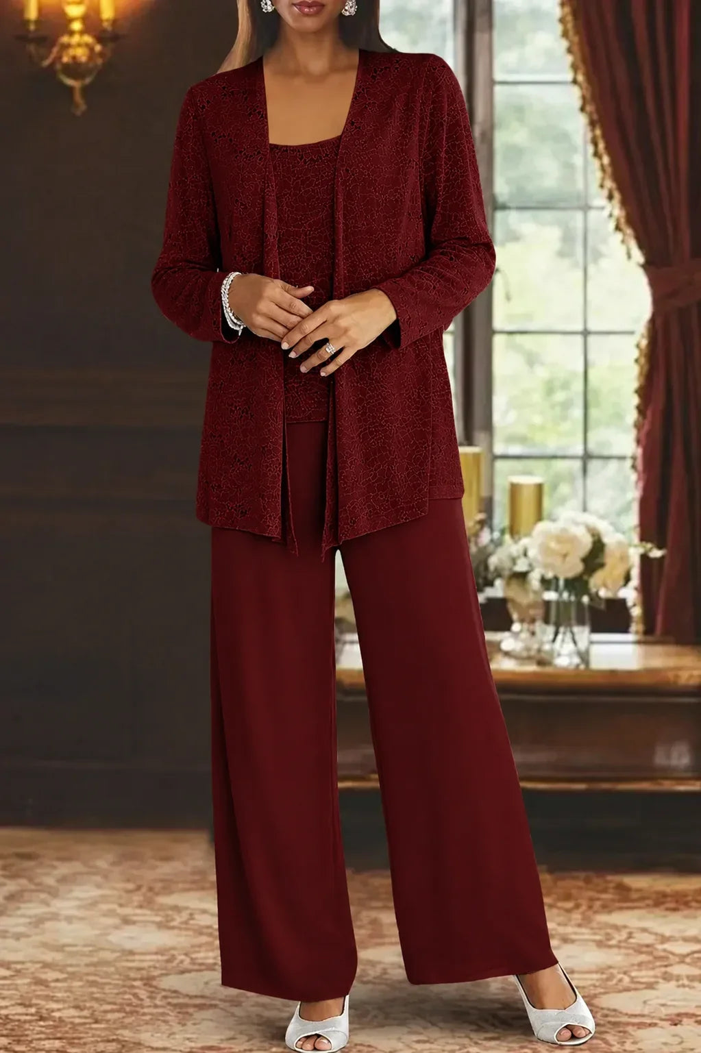 Women's sequin three-piece set with jacket and womens wide leg pants