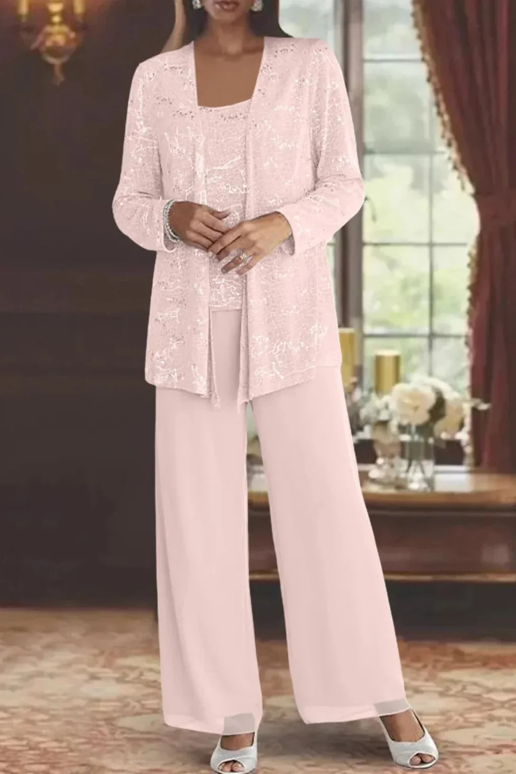 Women's sequin three-piece set with jacket and womens wide leg pants
