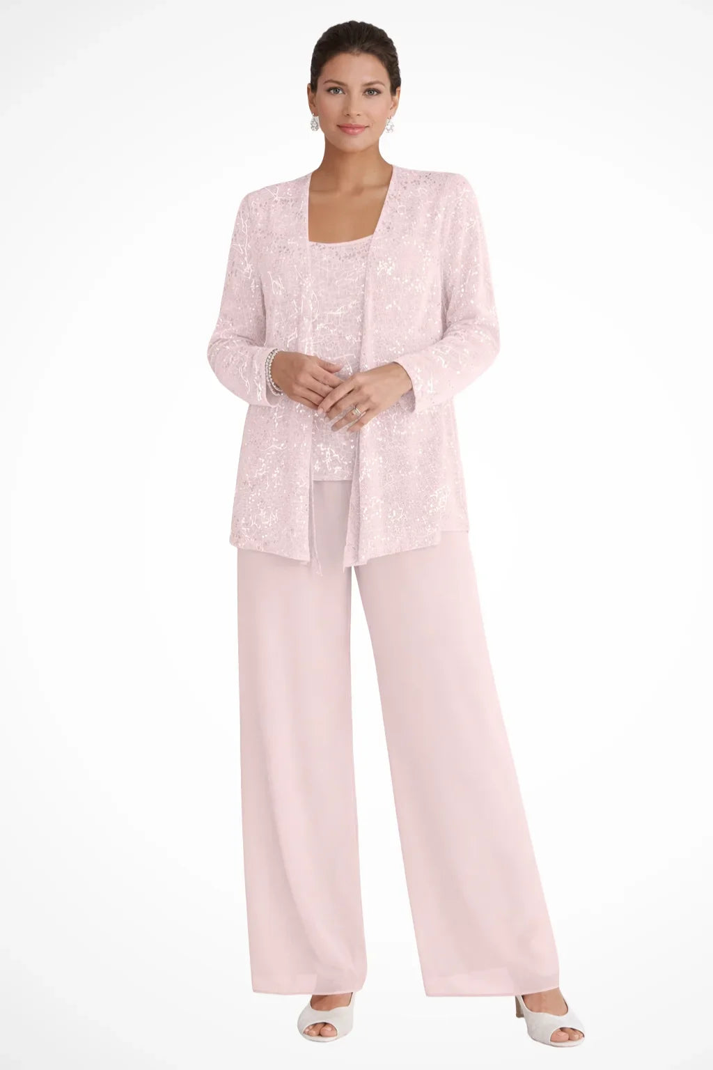 Women's sequin three-piece set with jacket and womens wide leg pants – Light Pink
