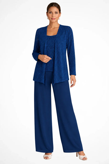 Women's sequin three-piece set with jacket and womens wide leg pants – Navy Blue