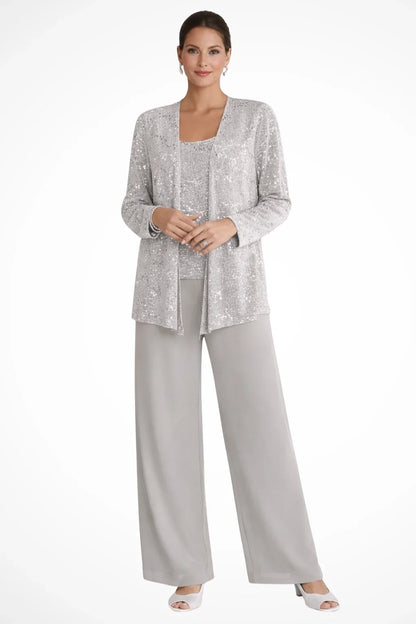 Women's sequin three-piece set with jacket and womens wide leg pants – Silver