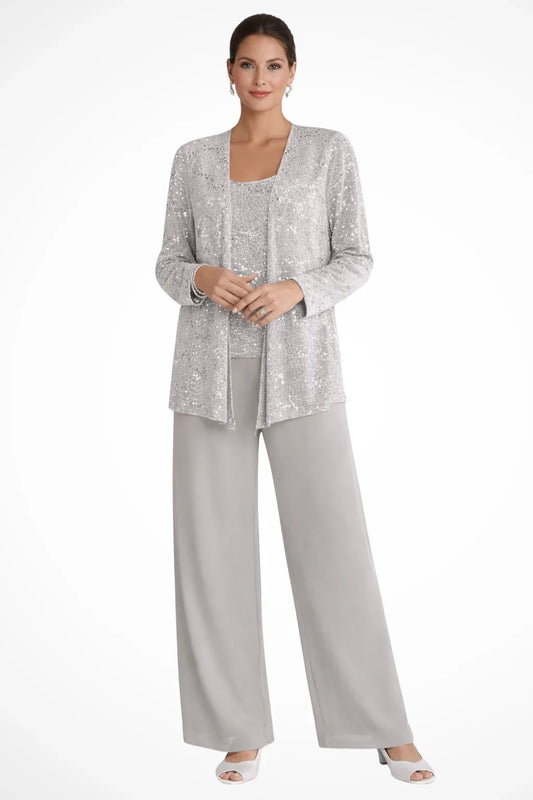 Women's sequin three-piece set with jacket and womens wide leg pants – Silver