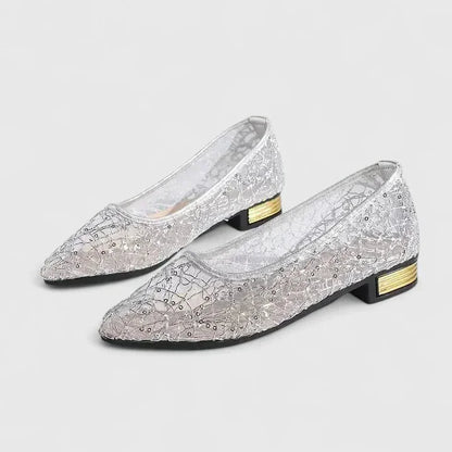 Women's sheer lace pointed-toe flats with low-block heel