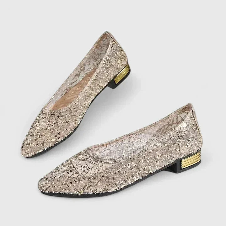 Women's sheer lace pointed-toe flats with low-block heel