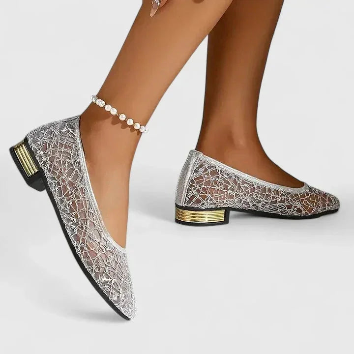 Women's sheer lace pointed-toe flats with low-block heel