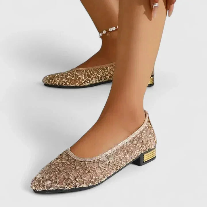 Women's sheer lace pointed-toe flats with low-block heel
