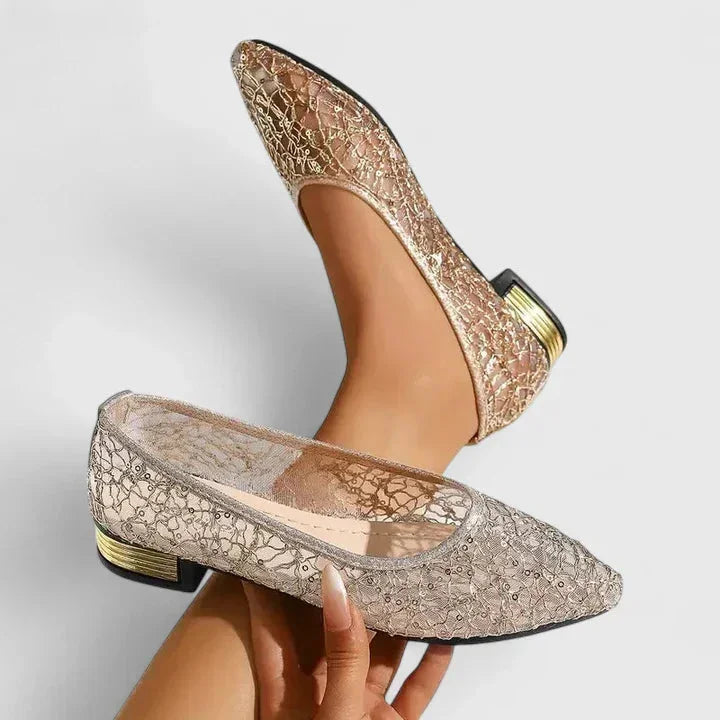 Women's sheer lace pointed-toe flats with low-block heel – Gold