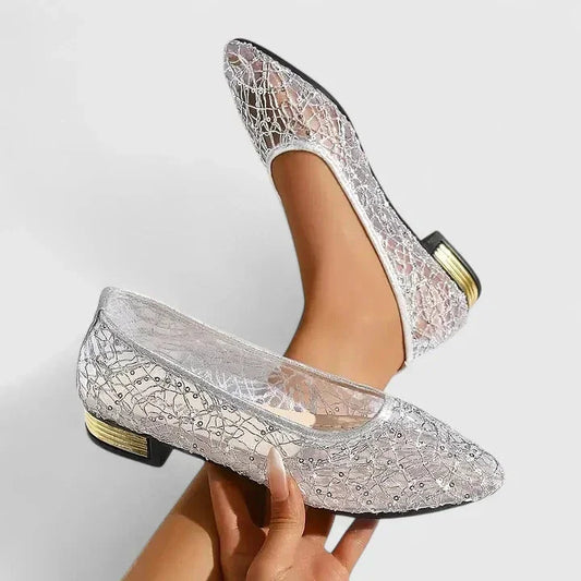 Women's sheer lace pointed-toe flats with low-block heel – Silver