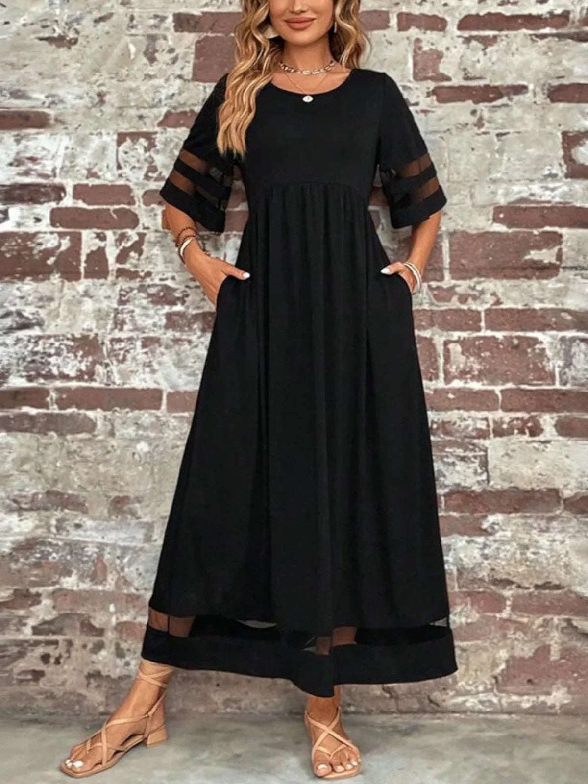 Women's sheer-paneled maxi dress with round neck 3/4 sleeve and pockets