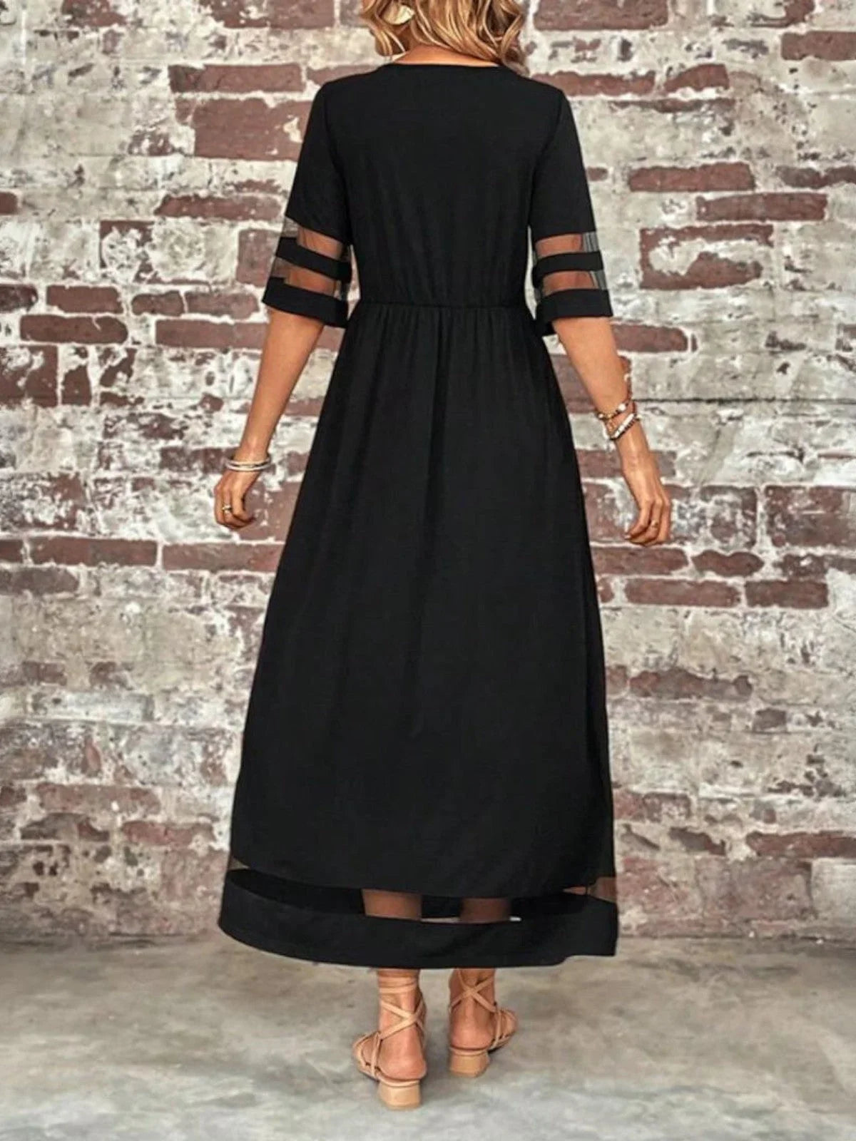 Women's sheer-paneled maxi dress with round neck 3/4 sleeve and pockets