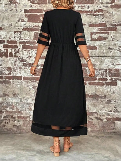 Women's sheer-paneled maxi dress with round neck 3/4 sleeve and pockets