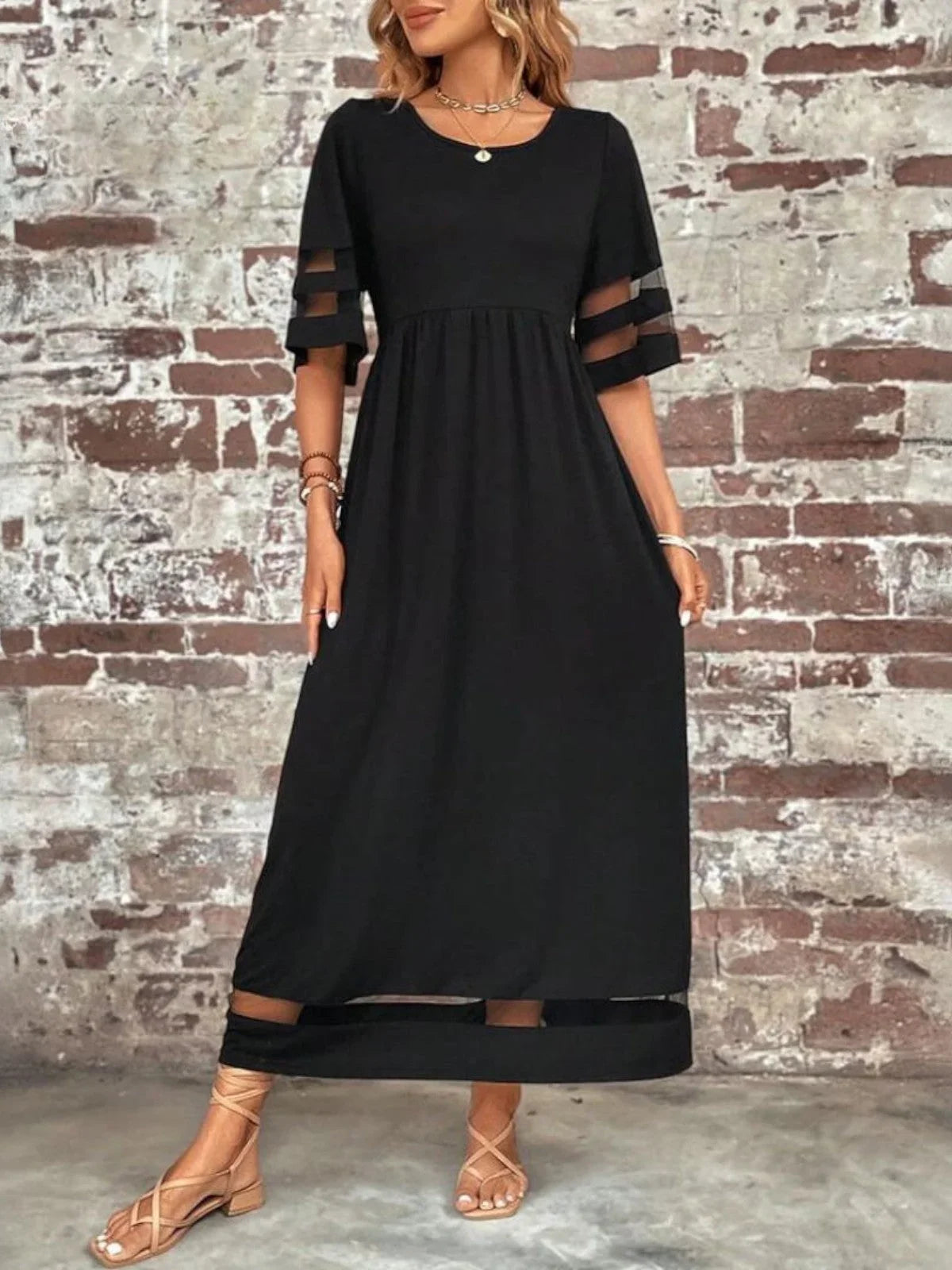 Women's sheer-paneled maxi dress with round neck 3/4 sleeve and pockets