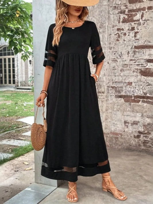 Women's sheer-paneled maxi dress with round neck 3/4 sleeve and pockets – Black