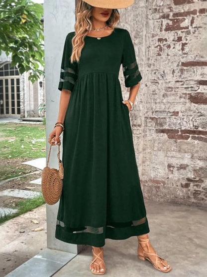 Women's sheer-paneled maxi dress with round neck 3/4 sleeve and pockets – Green