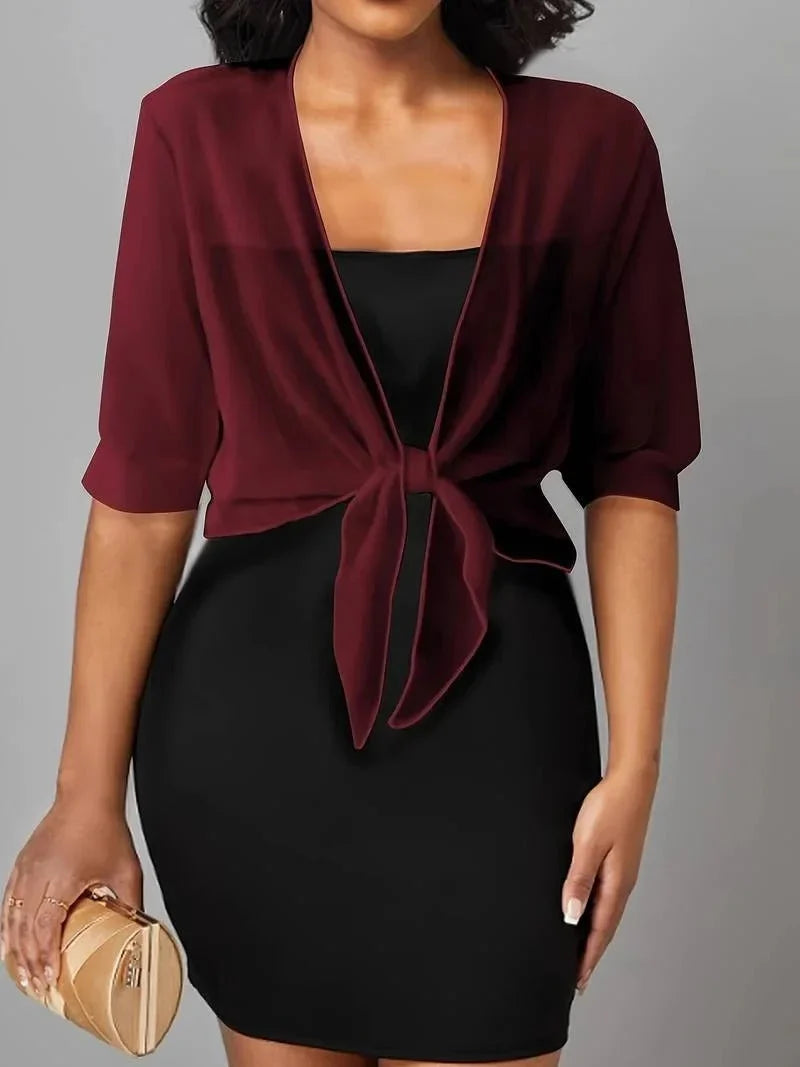 Women's sheer tie-front blouse with 3/4 sleeve and open front