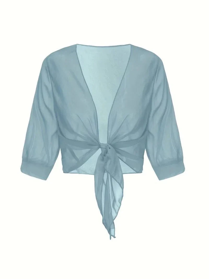 Women's sheer tie-front blouse with 3/4 sleeve and open front