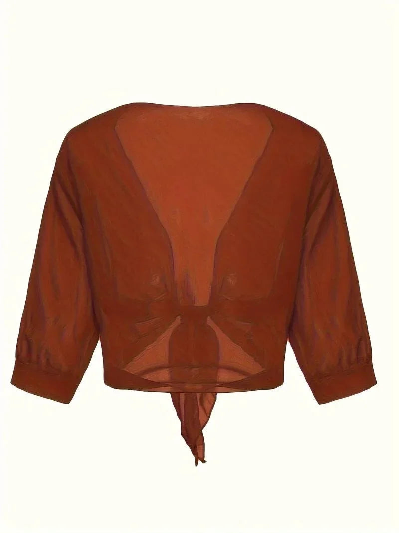 Women's sheer tie-front blouse with 3/4 sleeve and open front