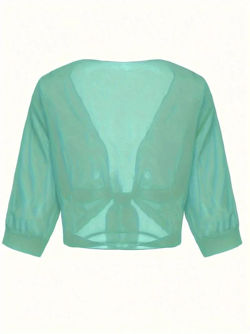 Women's sheer tie-front blouse with 3/4 sleeve and open front