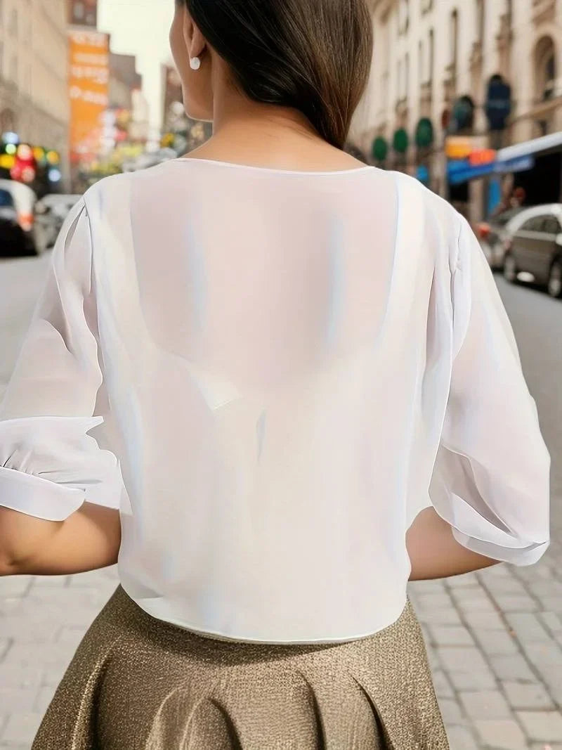 Women's sheer tie-front blouse with 3/4 sleeve and open front