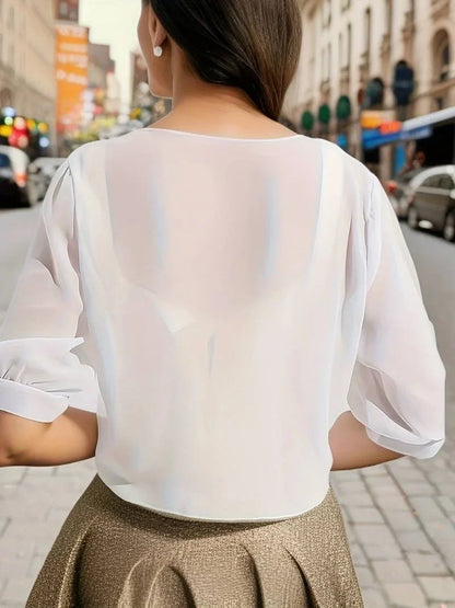 Women's sheer tie-front blouse with 3/4 sleeve and open front