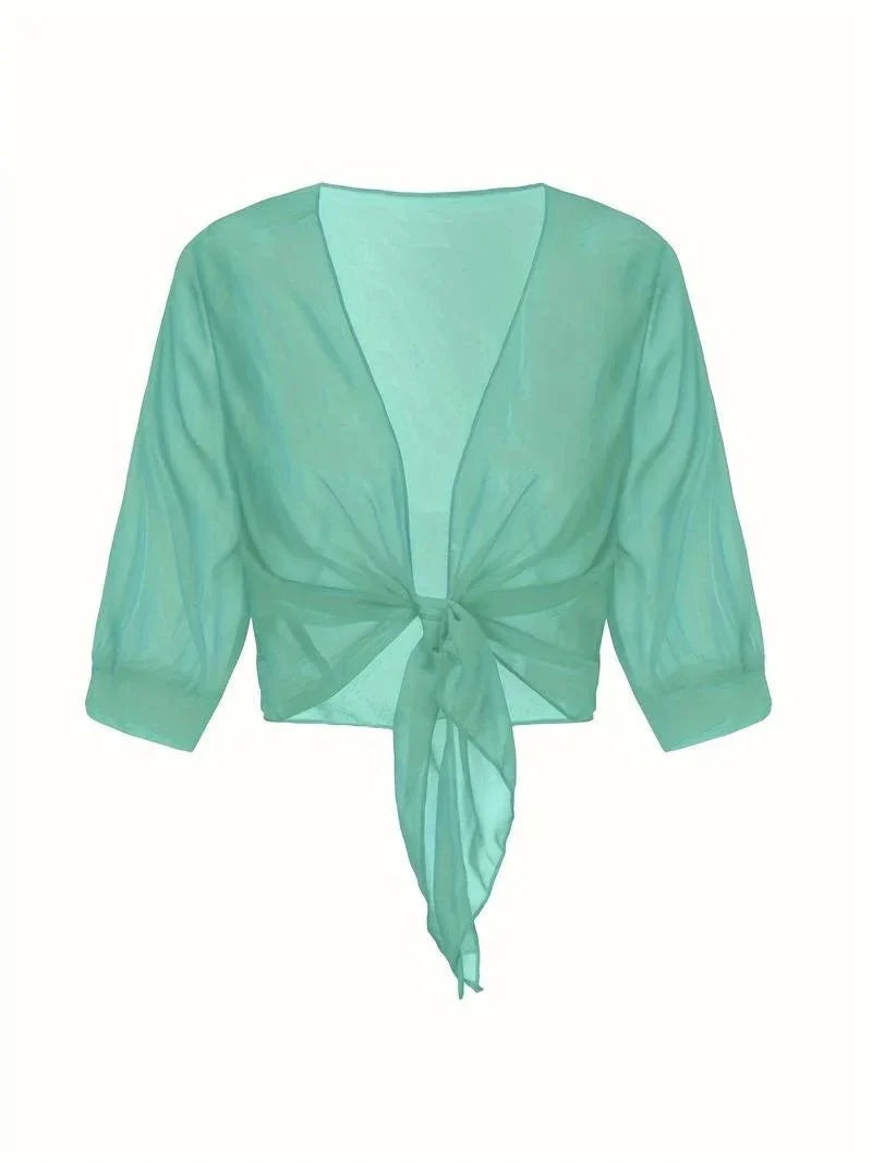 Women's sheer tie-front blouse with 3/4 sleeve and open front