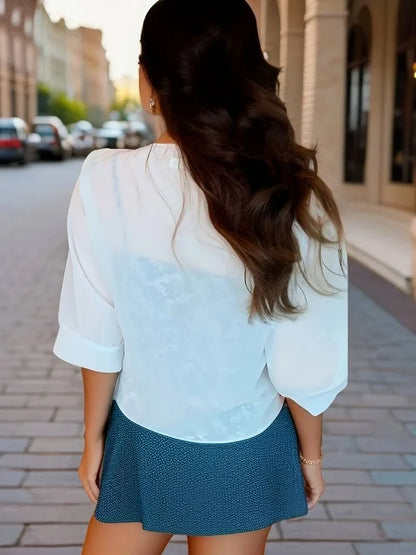 Women's sheer tie-front blouse with 3/4 sleeve and open front