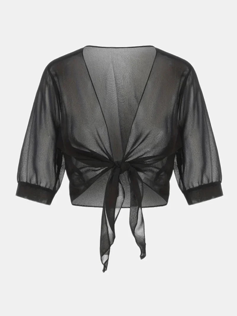 Women's sheer tie-front blouse with 3/4 sleeve and open front