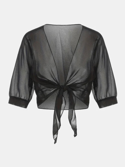 Women's sheer tie-front blouse with 3/4 sleeve and open front