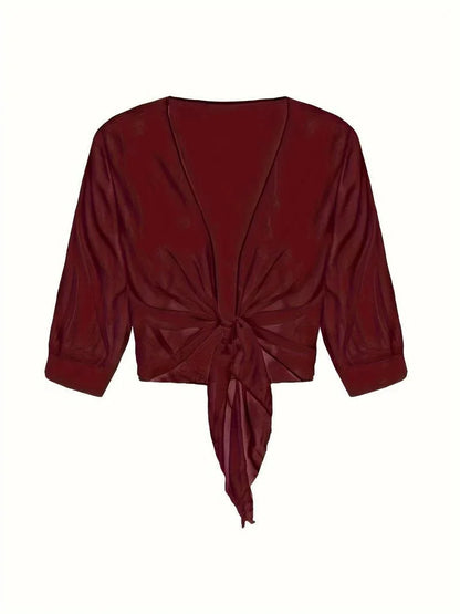 Women's sheer tie-front blouse with 3/4 sleeve and open front